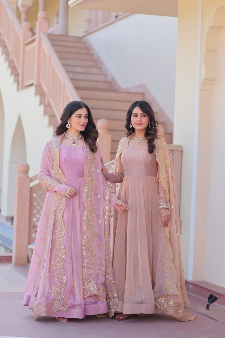 Jyoti Fashion Women's Lavender & Peach Fendi Chiffon Anarkali Combo Set With Dupatta | Swadesiicart