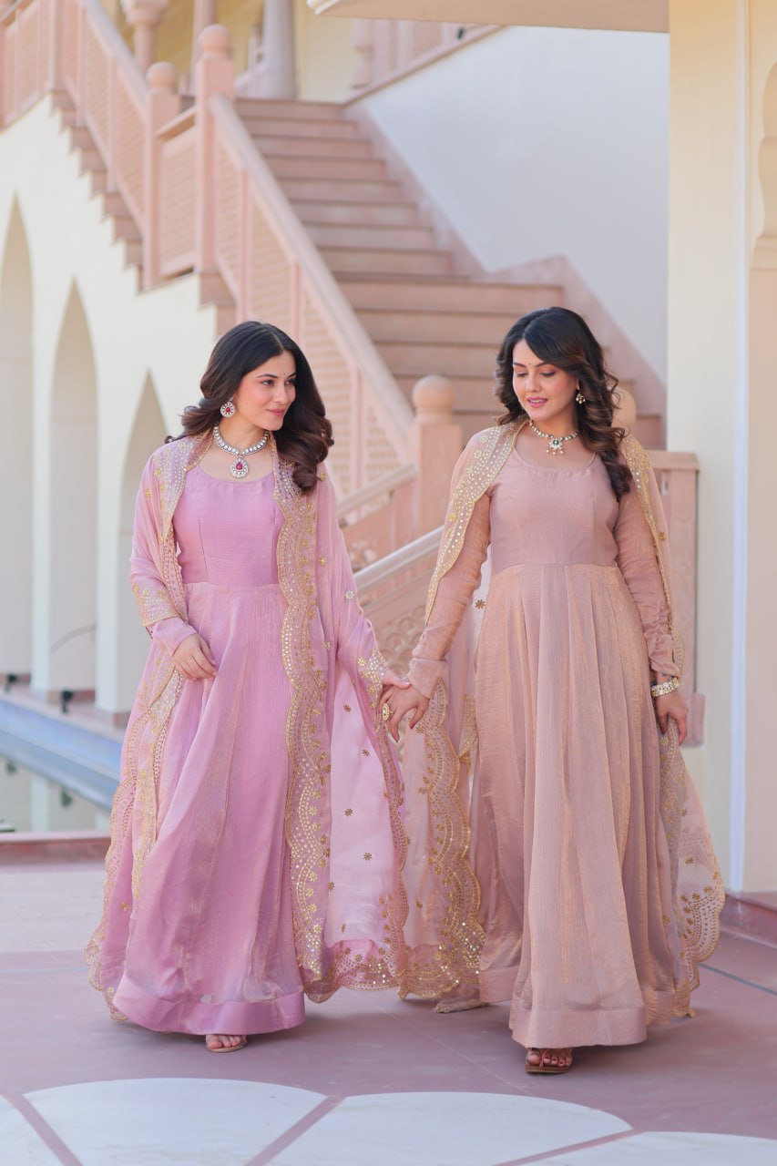 Jyoti Fashion Women's Lavender & Peach Fendi Chiffon Anarkali Combo Set With Dupatta | Swadesiicart