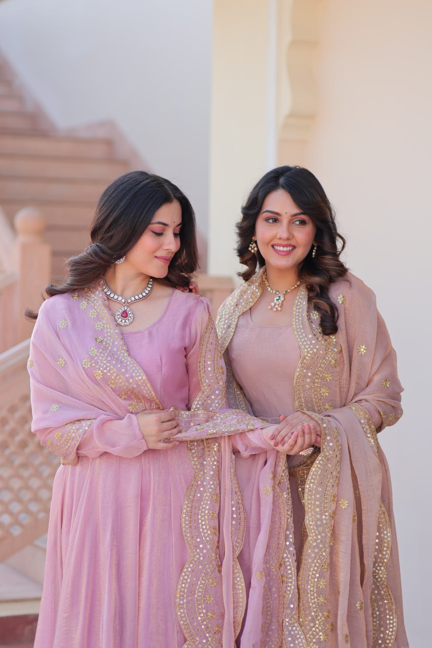 Jyoti Fashion Women's Lavender & Peach Fendi Chiffon Anarkali Combo Set With Dupatta | Swadesiicart