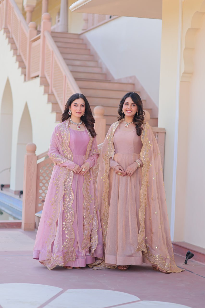 Jyoti Fashion Women's Lavender & Peach Fendi Chiffon Anarkali Combo Set With Dupatta | Swadesiicart