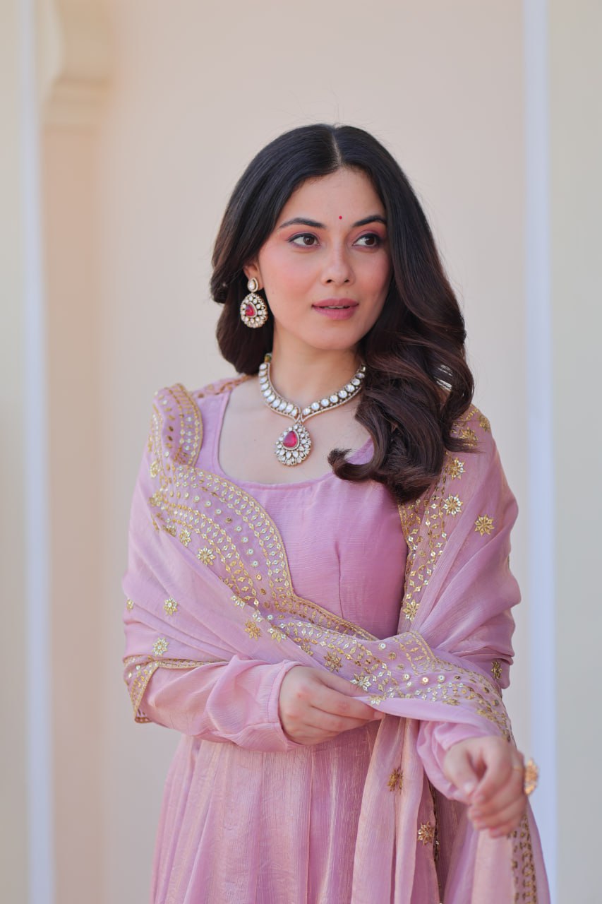 Jyoti Fashion Women's Lavender Fendi Chiffon Designer Anarkali Set With Dupatta | Swadesiicart