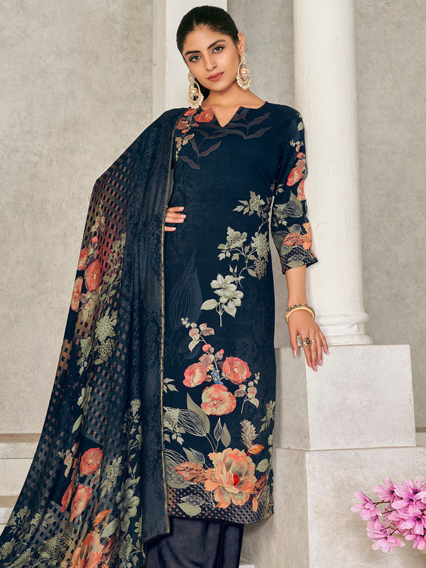 Jyoti Fashion Women's Navy Blue Pashmina Floral Digital Printed Kurta with Trouser & Dupatta | Swadesiicart