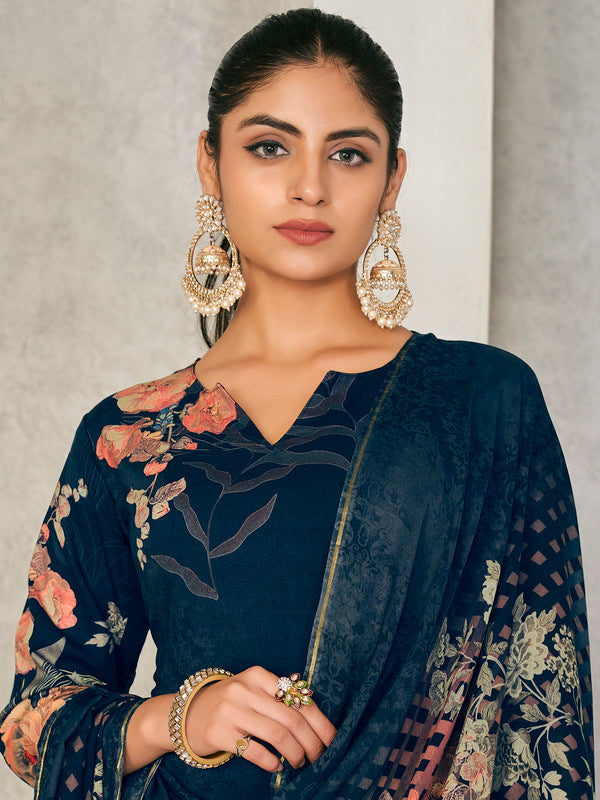 Jyoti Fashion Women's Navy Blue Pashmina Floral Digital Printed Kurta with Trouser & Dupatta | Swadesiicart
