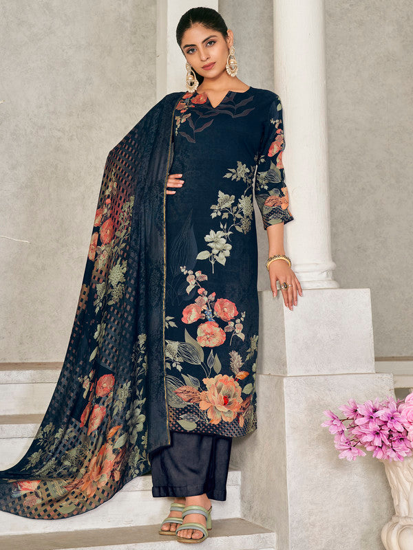 Jyoti Fashion Women's Navy Blue Pashmina Floral Digital Printed Kurta with Trouser & Dupatta | Swadesiicart