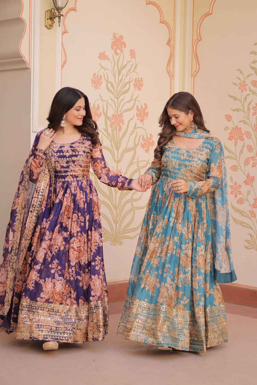 Jyoti Fashion Women's Sky Blue & Purple Russian Silk Digital Print with Sequins Embroidered Anarkali Combo Set With Dupatta | Swadesiicart