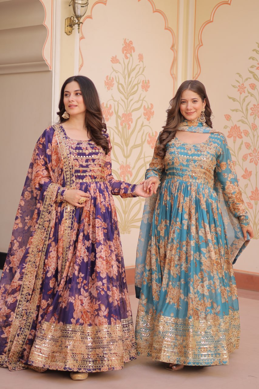 Jyoti Fashion Women's Sky Blue & Purple Russian Silk Digital Print with Sequins Embroidered Anarkali Combo Set With Dupatta | Swadesiicart