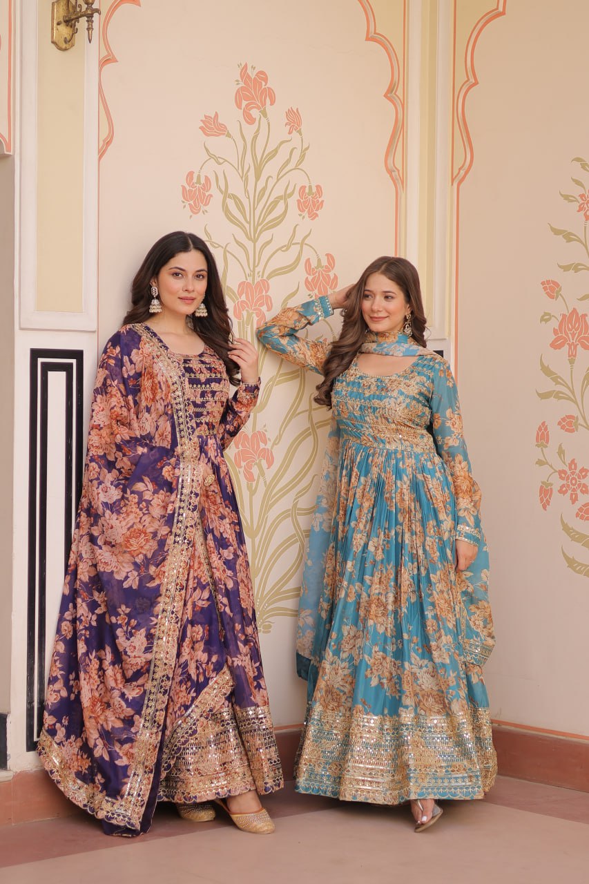 Jyoti Fashion Women's Sky Blue & Purple Russian Silk Digital Print with Sequins Embroidered Anarkali Combo Set With Dupatta | Swadesiicart