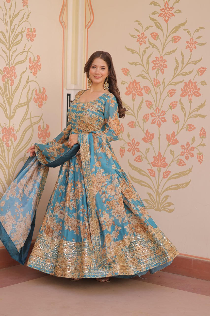 Jyoti Fashion Women's Sky Blue Russian Silk Digital Print with Sequins Embroidered Anarkali Set With Dupatta | Swadesiicart