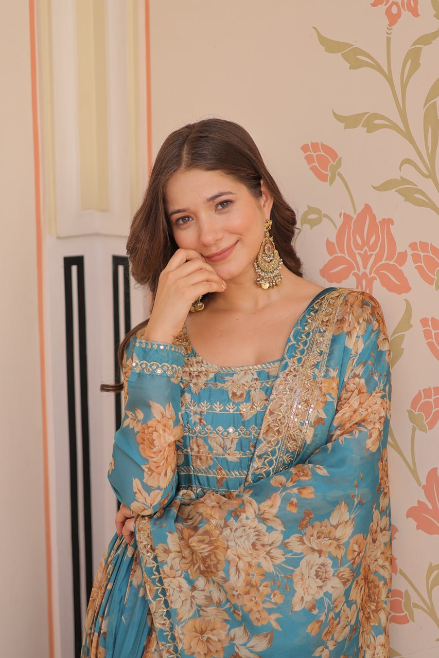 Jyoti Fashion Women's Sky Blue Russian Silk Digital Print with Sequins Embroidered Anarkali Set With Dupatta | Swadesiicart
