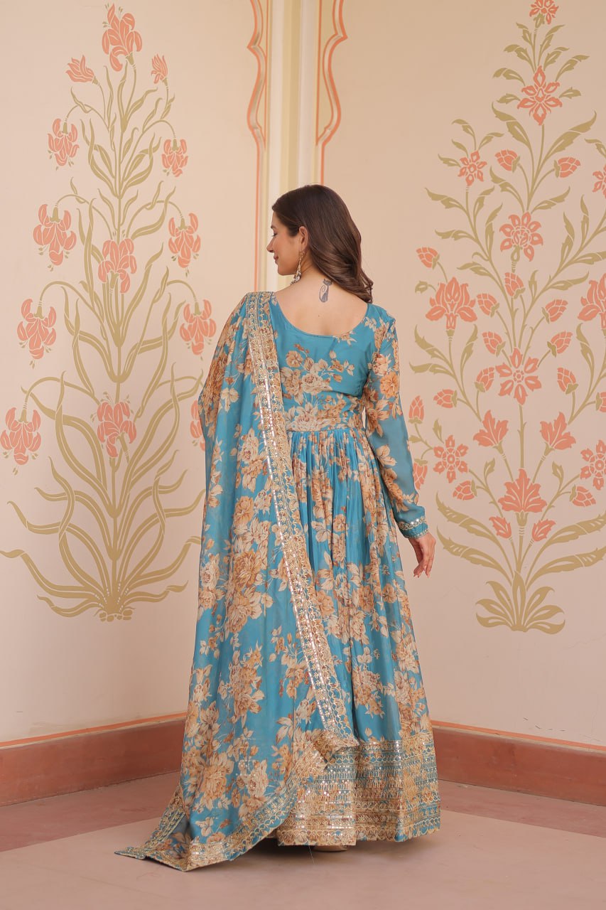 Jyoti Fashion Women's Sky Blue Russian Silk Digital Print with Sequins Embroidered Anarkali Set With Dupatta | Swadesiicart