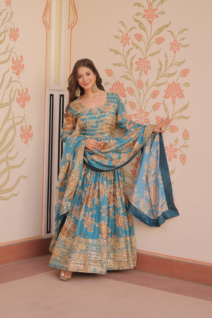 Jyoti Fashion Women's Sky Blue Russian Silk Digital Print with Sequins Embroidered Anarkali Set With Dupatta | Swadesiicart