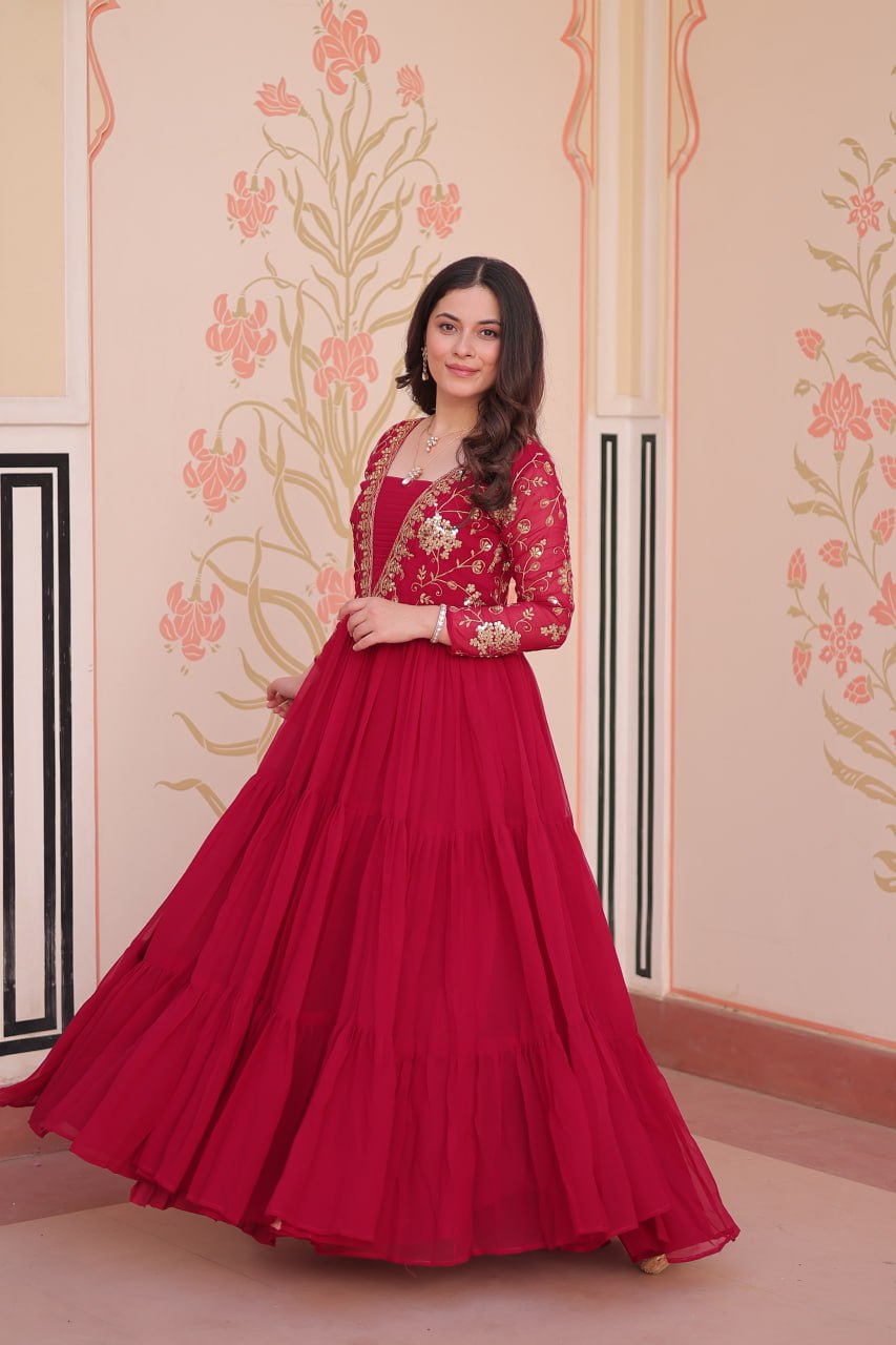 Jyoti Fashion Women's Rani Pink Faux Blooming Sequins & Zari Embroidered Long Designer Anarkali Set | Swadesiicart