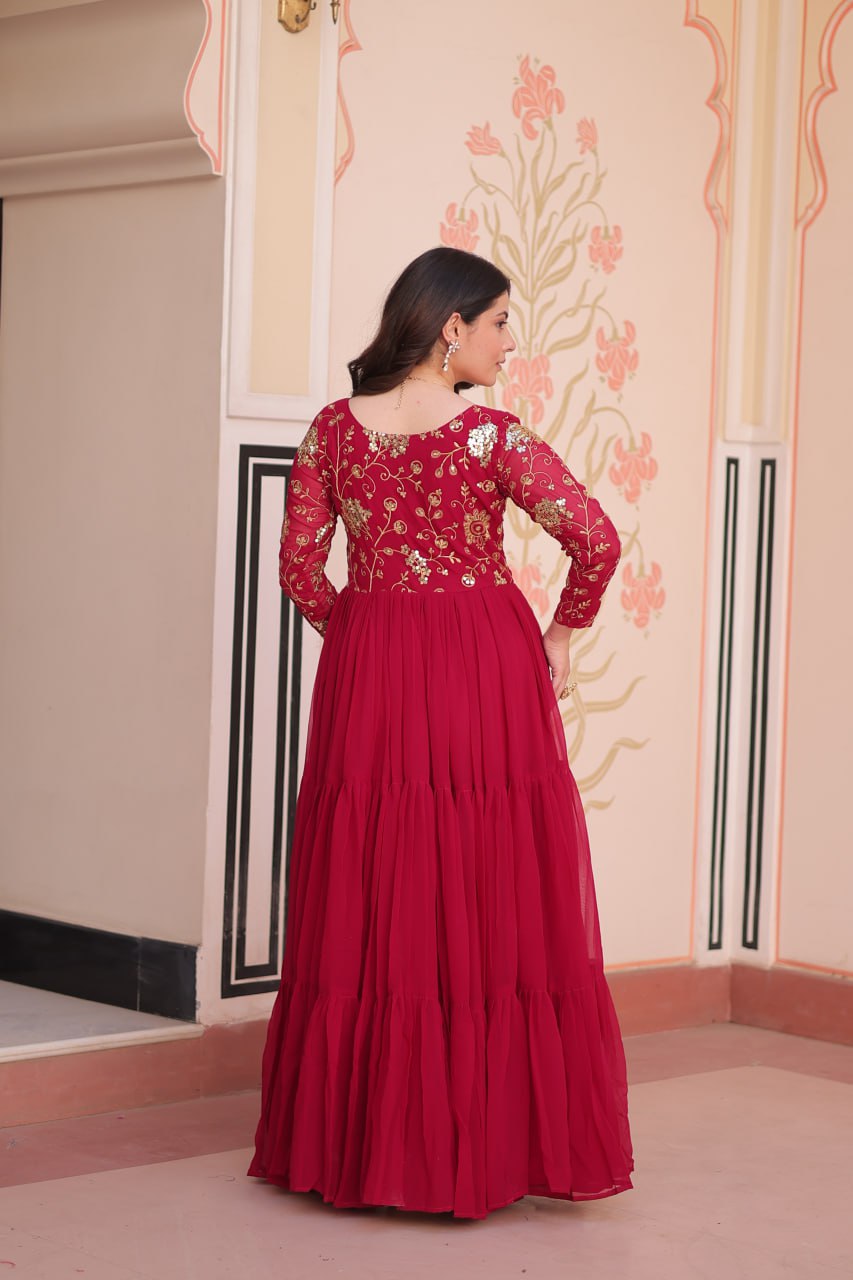 Jyoti Fashion Women's Rani Pink Faux Blooming Sequins & Zari Embroidered Long Designer Anarkali Set | Swadesiicart