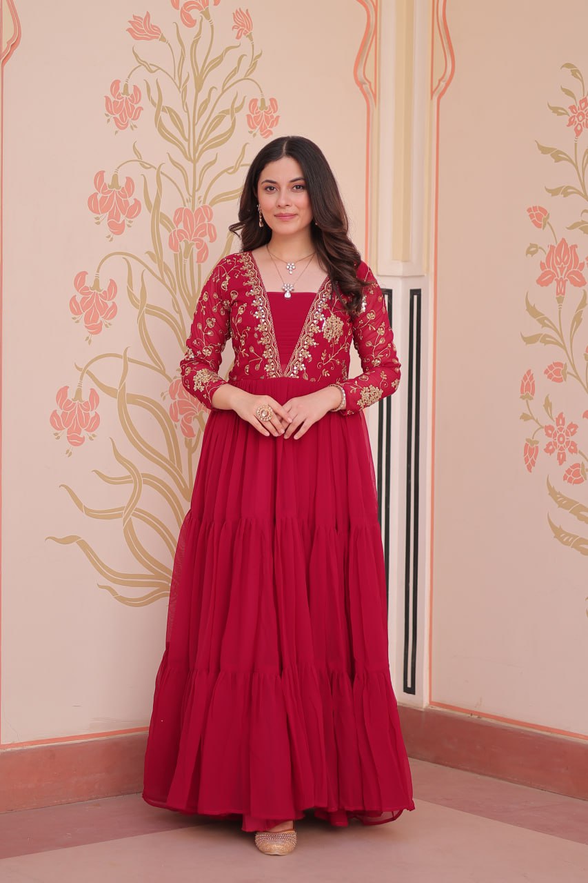 Jyoti Fashion Women's Rani Pink Faux Blooming Sequins & Zari Embroidered Long Designer Anarkali Set | Swadesiicart