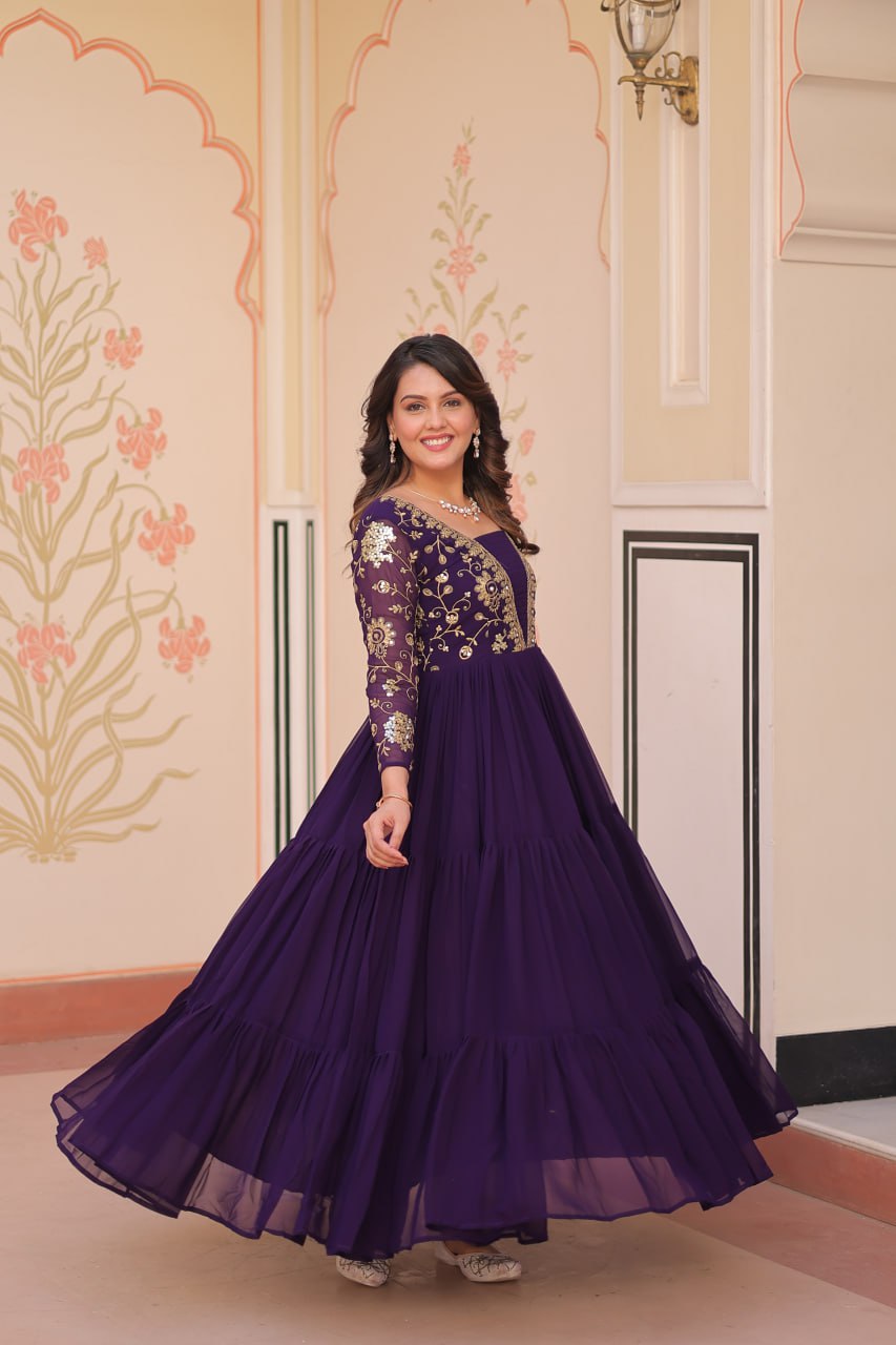 Jyoti Fashion Women's Purple Faux Blooming Sequins & Zari Embroidered Long Designer Anarkali Set | Swadesiicart