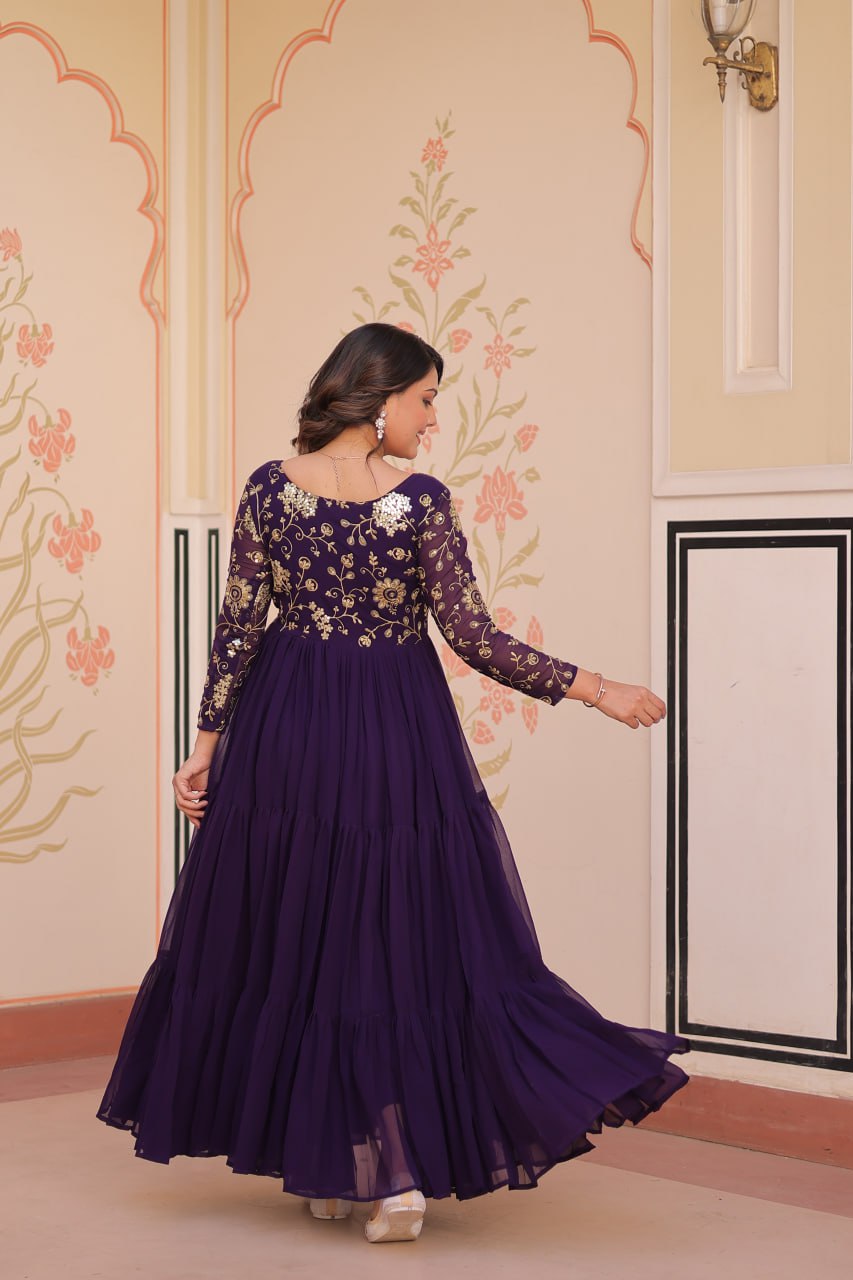 Jyoti Fashion Women's Purple Faux Blooming Sequins & Zari Embroidered Long Designer Anarkali Set | Swadesiicart