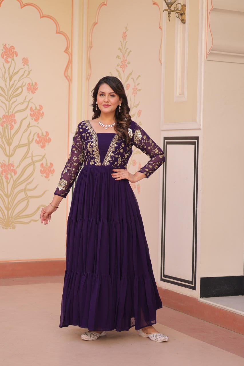 Jyoti Fashion Women's Purple Faux Blooming Sequins & Zari Embroidered Long Designer Anarkali Set | Swadesiicart
