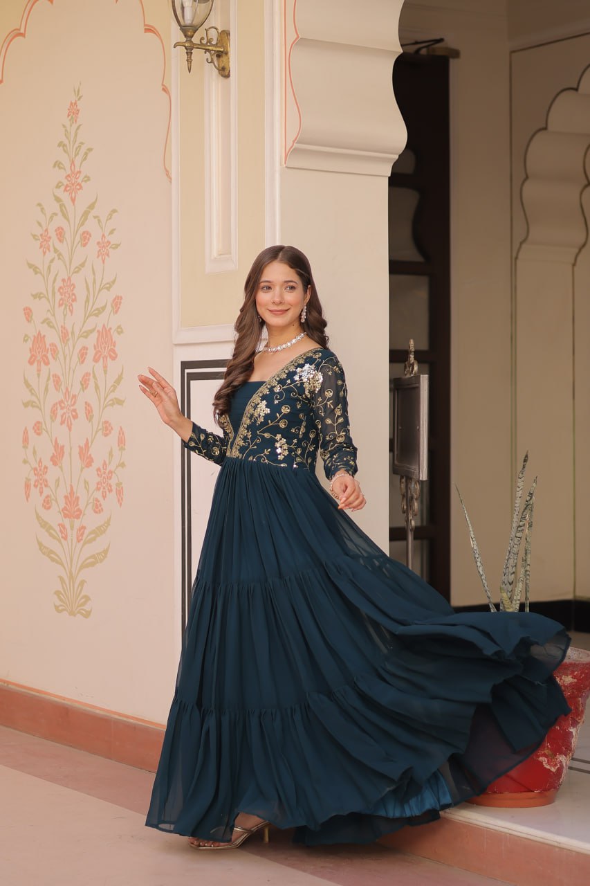 Jyoti Fashion Women's Teal Faux Blooming Sequins & Zari Embroidered Long Designer Anarkali Set | Swadesiicart