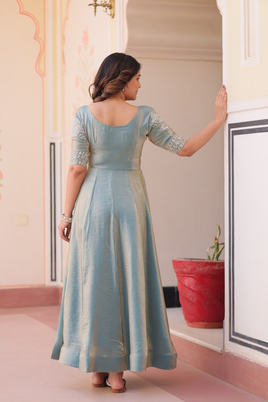 Jyoti Fashion Women's Sky Blue Fendi Embroidered Long Designer Anarkali Set | Swadesiicart