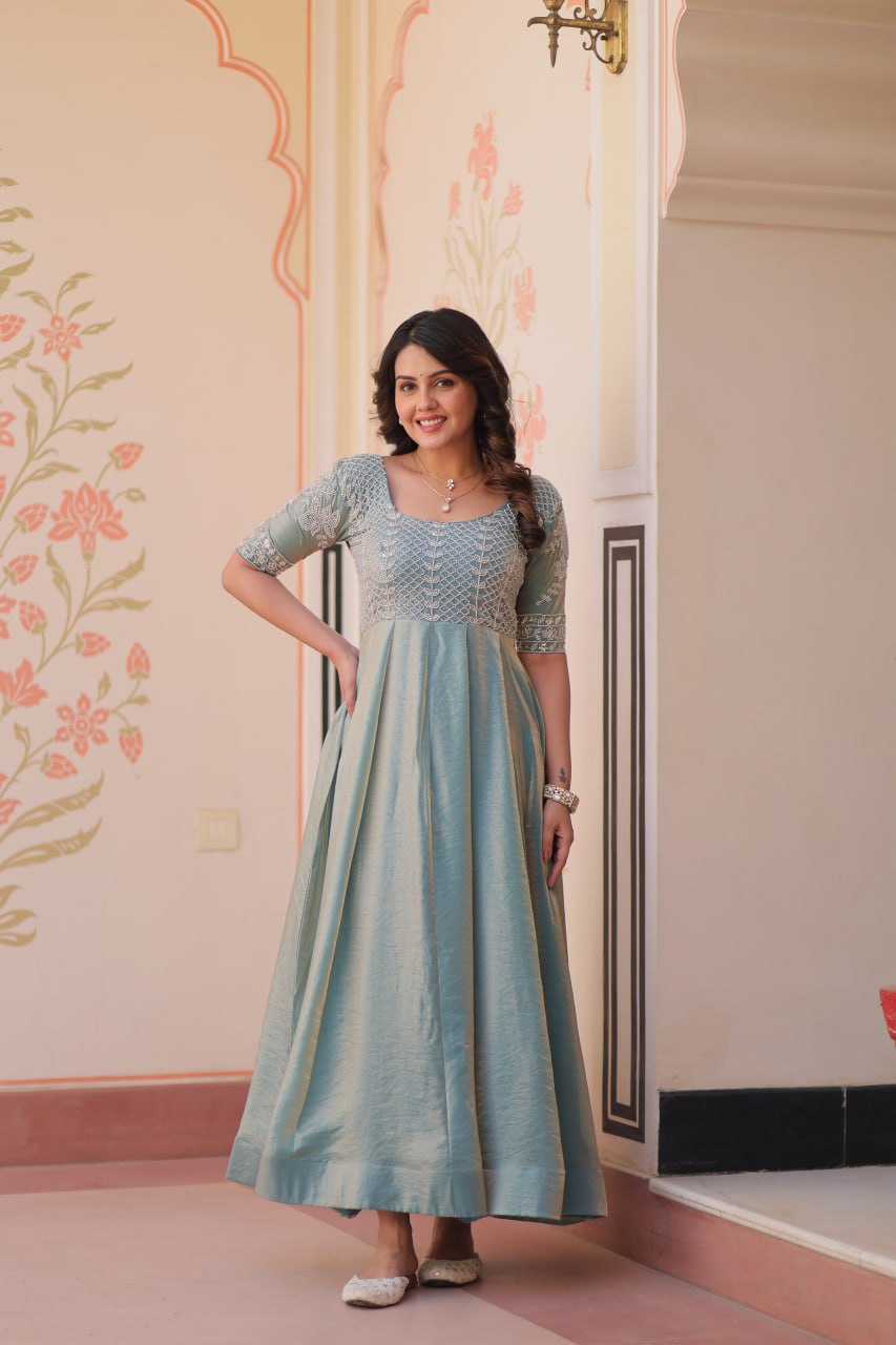 Jyoti Fashion Women's Sky Blue Fendi Embroidered Long Designer Anarkali Set | Swadesiicart