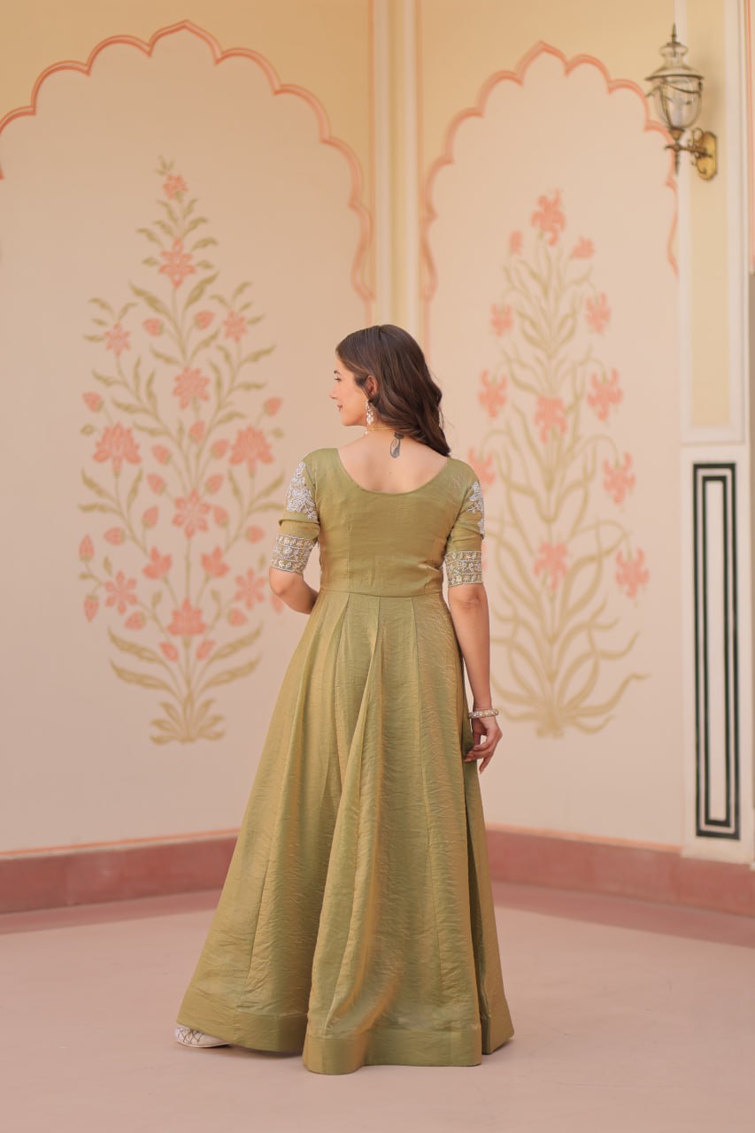 Jyoti Fashion Women's Mehendi Fendi Embroidered Long Designer Anarkali Set | Swadesiicart