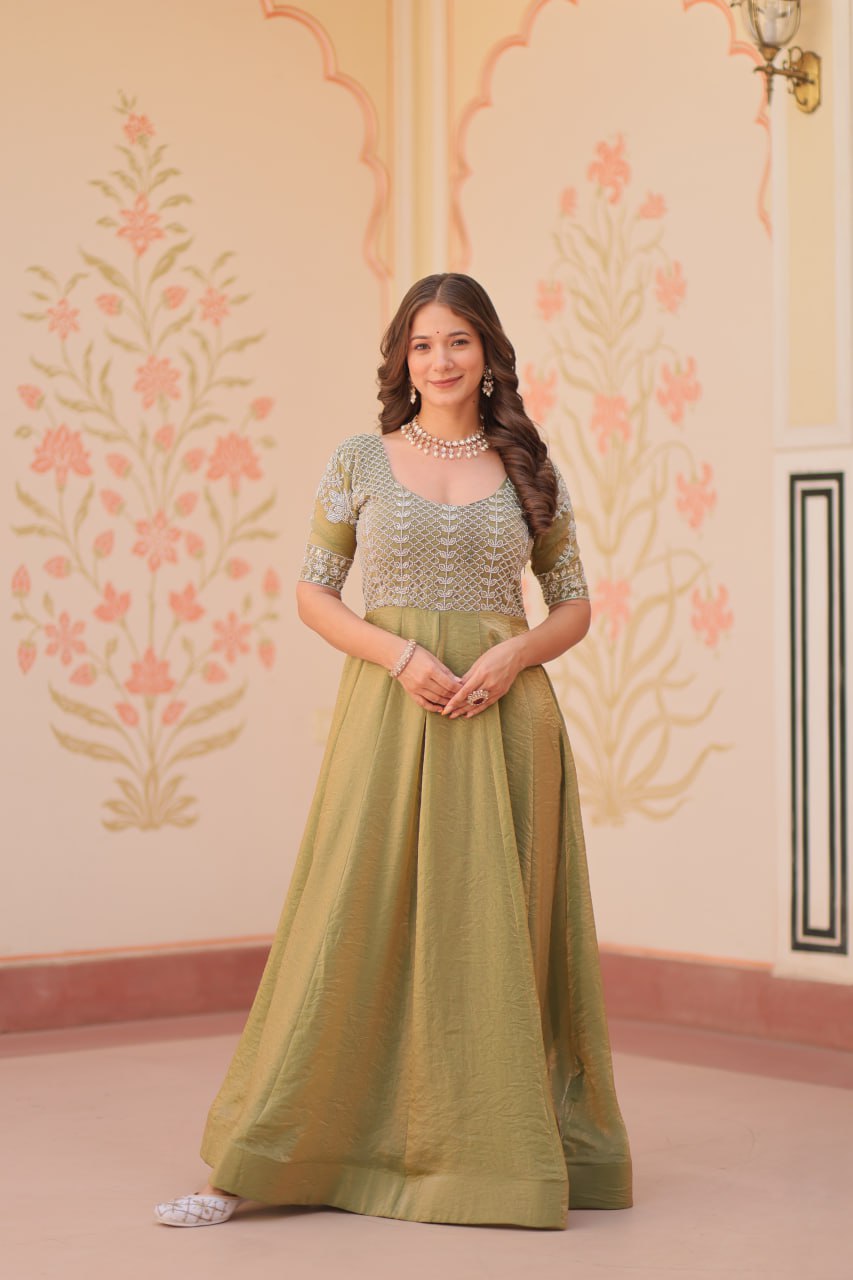 Jyoti Fashion Women's Mehendi Fendi Embroidered Long Designer Anarkali Set | Swadesiicart