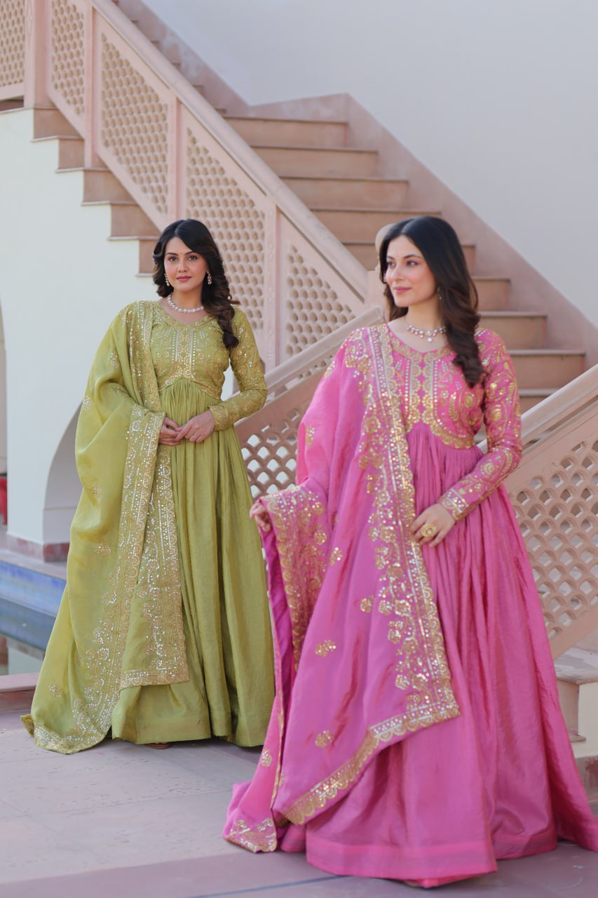 Jyoti Fashion Women's Mehendi & Pink Gold Crush Sequins with Multy Embroidered Anarkali Combo Set With Dupatta | Swadesiicart