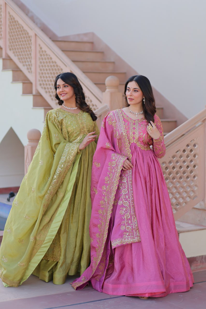 Jyoti Fashion Women's Mehendi & Pink Gold Crush Sequins with Multy Embroidered Anarkali Combo Set With Dupatta | Swadesiicart