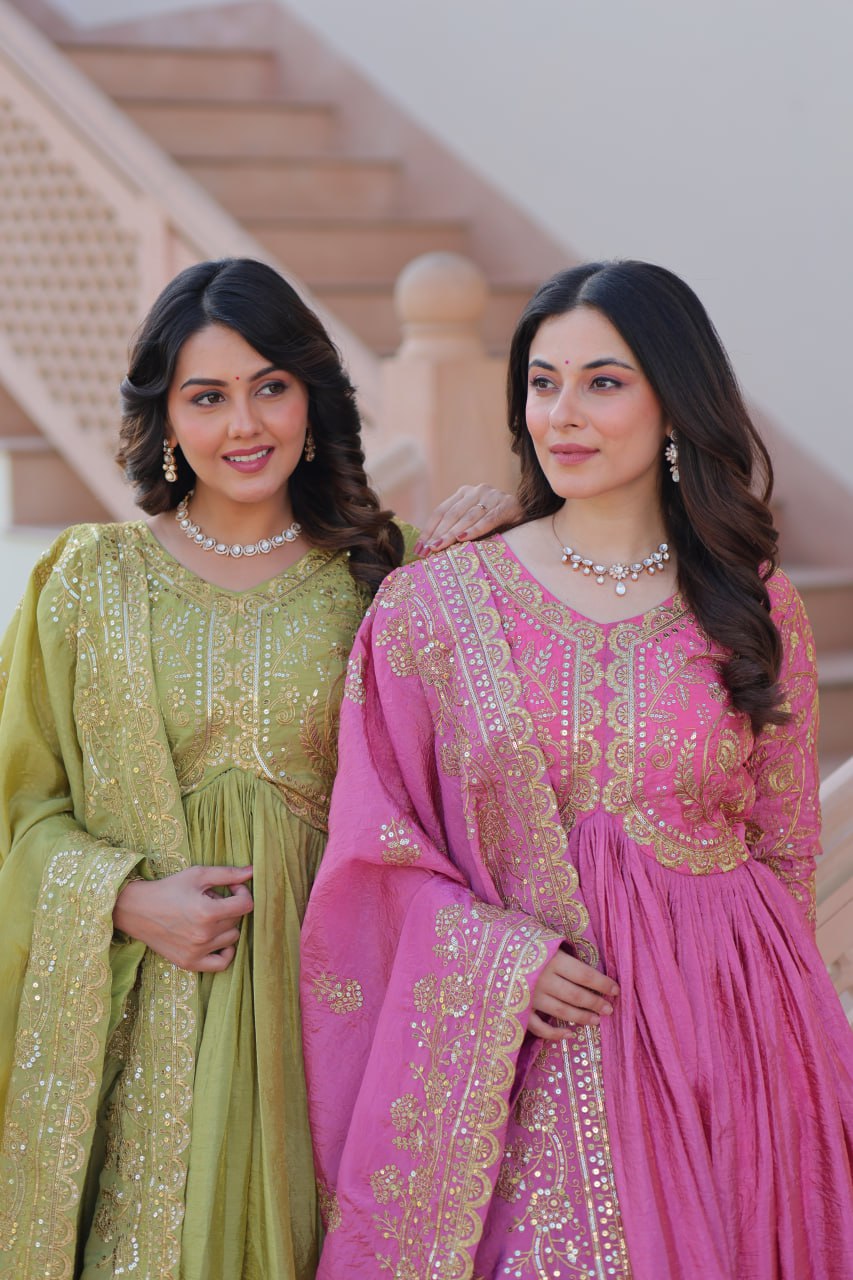 Jyoti Fashion Women's Mehendi & Pink Gold Crush Sequins with Multy Embroidered Anarkali Combo Set With Dupatta | Swadesiicart