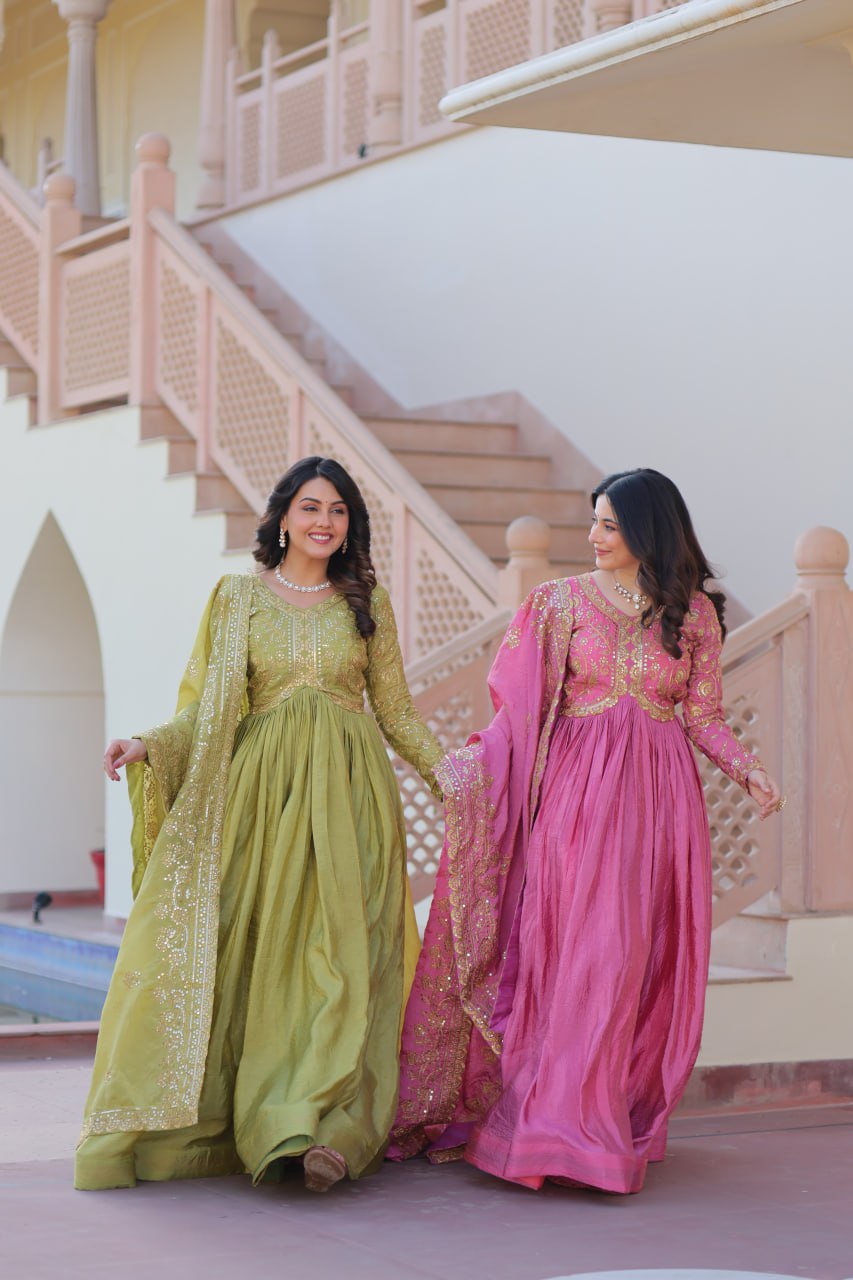 Jyoti Fashion Women's Mehendi & Pink Gold Crush Sequins with Multy Embroidered Anarkali Combo Set With Dupatta | Swadesiicart
