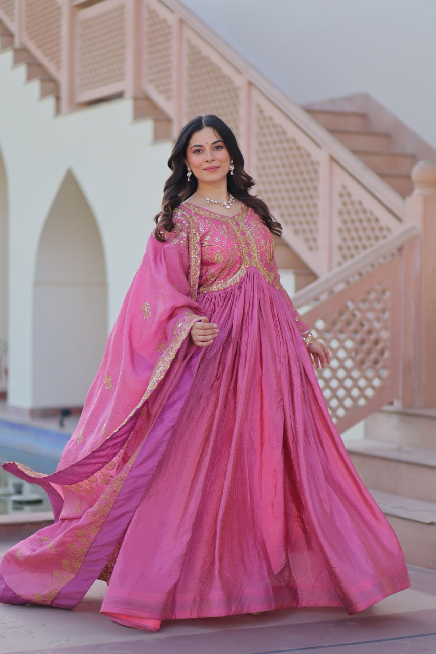 Jyoti Fashion Women's Pink Gold Crush Sequins with Multy Embroidered Anarkali Set With Dupatta | Swadesiicart