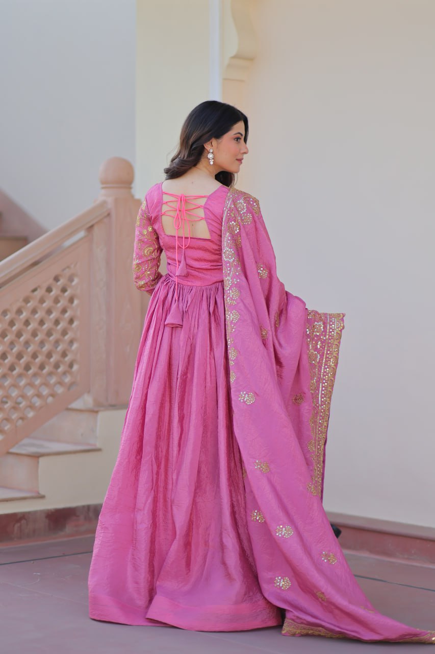 Jyoti Fashion Women's Pink Gold Crush Sequins with Multy Embroidered Anarkali Set With Dupatta | Swadesiicart