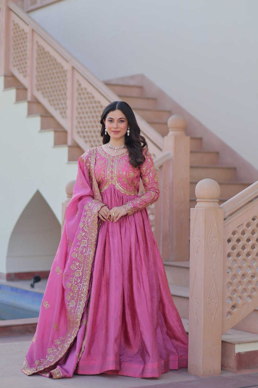 Jyoti Fashion Women's Pink Gold Crush Sequins with Multy Embroidered Anarkali Set With Dupatta | Swadesiicart
