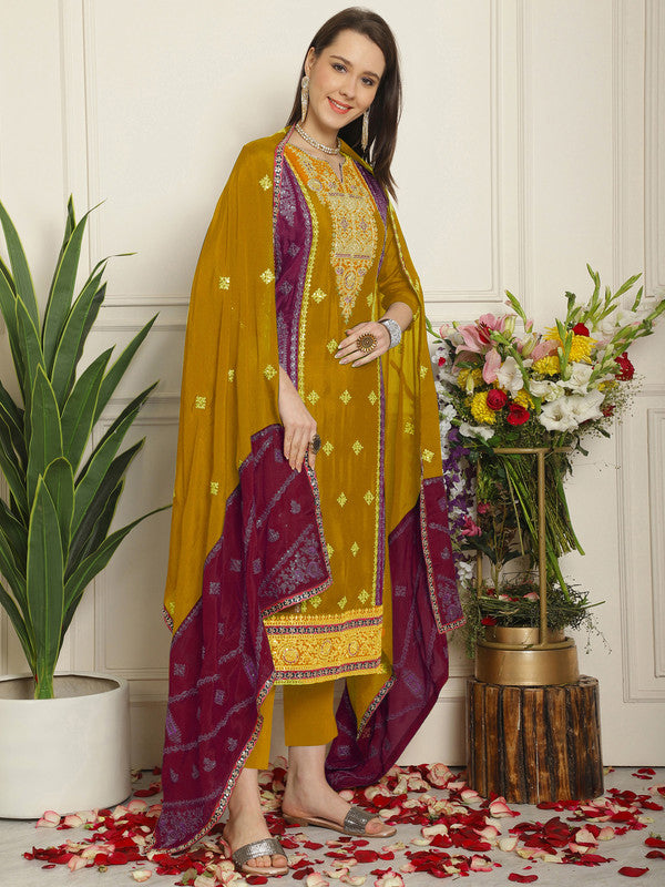 Jyoti Fashion Women's Mustard Chinon Chiffon Embroidered Designer Straight Suit Set | Swadesiicart