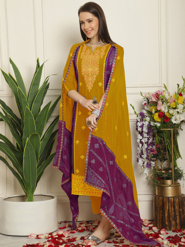 Jyoti Fashion Women's Mustard Chinon Chiffon Embroidered Designer Straight Suit Set | Swadesiicart