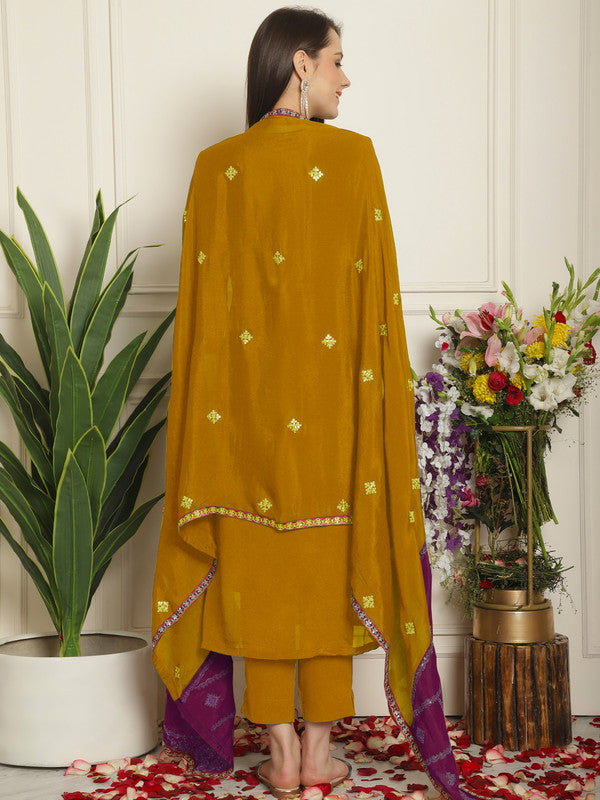 Jyoti Fashion Women's Mustard Chinon Chiffon Embroidered Designer Straight Suit Set | Swadesiicart