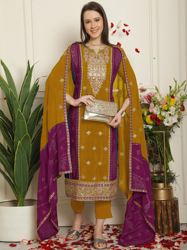 Jyoti Fashion Women's Mustard Chinon Chiffon Embroidered Designer Straight Suit Set | Swadesiicart