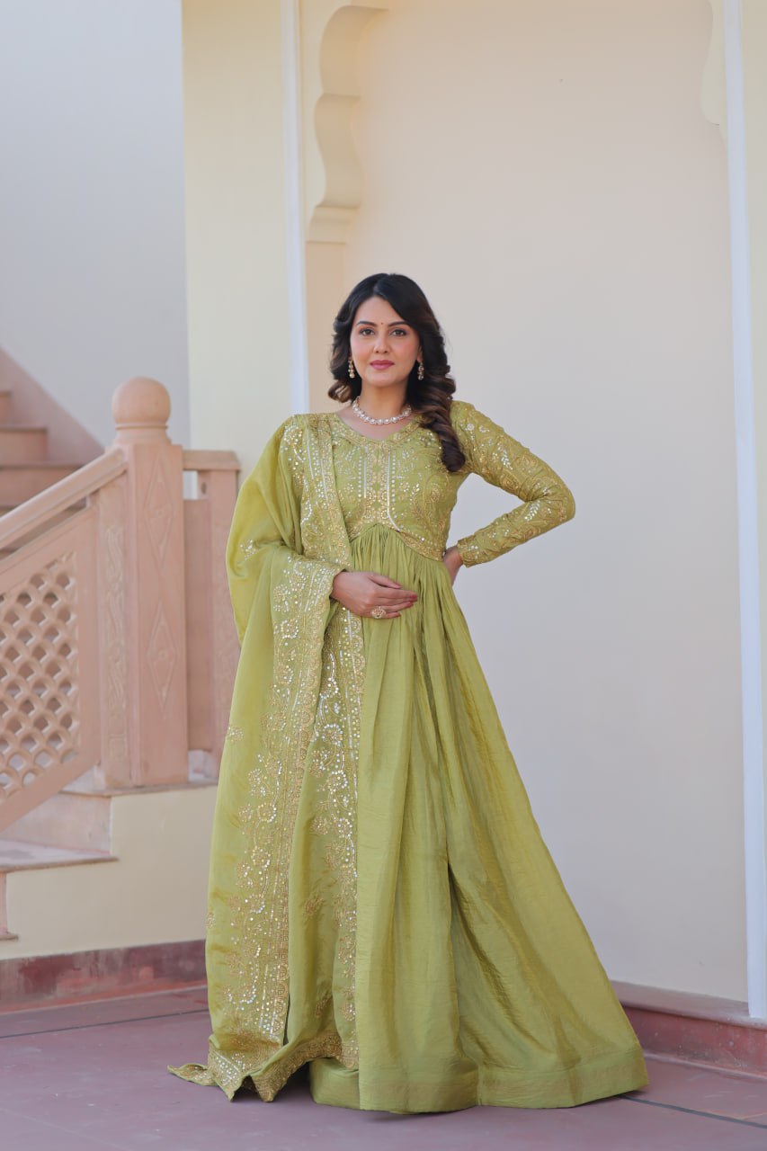 Jyoti Fashion Women's Mehendi Gold Crush Sequins with Multy Embroidered Anarkali Set With Dupatta | Swadesiicart