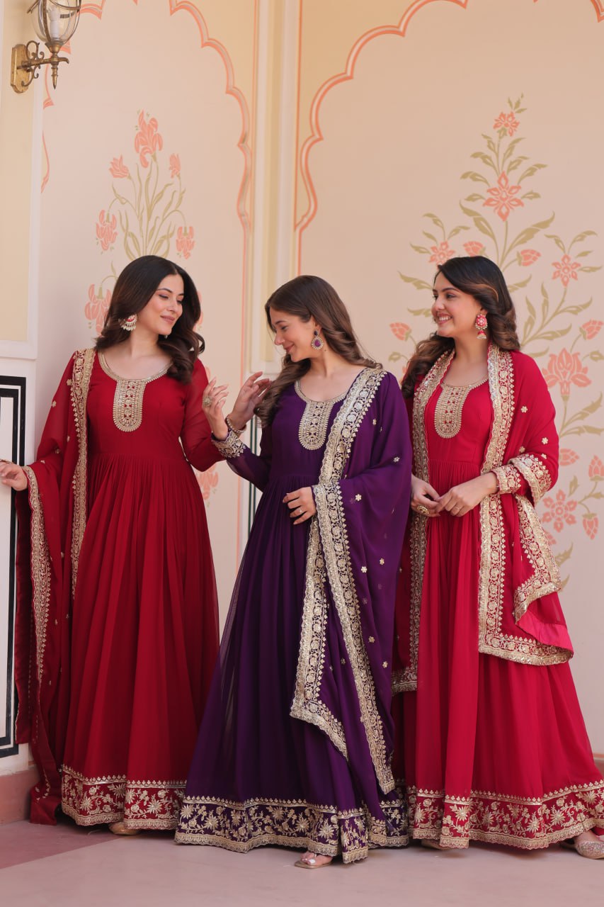 Jyoti Fashion Women's Maroon, Purple & Rani Faux Blooming Sequins & Zari Embroidered Combo Anarkali Set With Dupatta | Swadesiicart