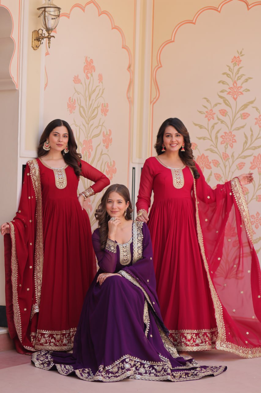 Jyoti Fashion Women's Maroon, Purple & Rani Faux Blooming Sequins & Zari Embroidered Combo Anarkali Set With Dupatta | Swadesiicart