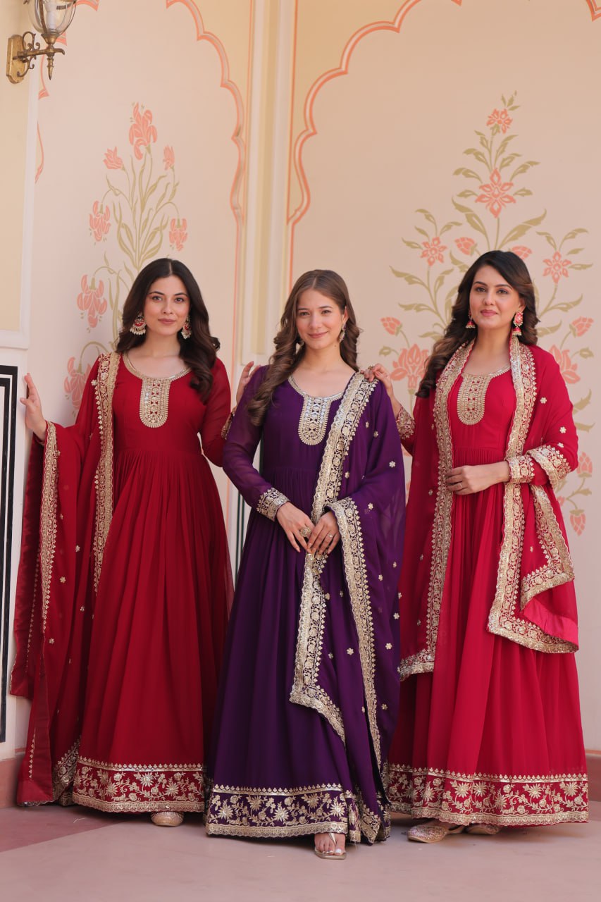 Jyoti Fashion Women's Maroon, Purple & Rani Faux Blooming Sequins & Zari Embroidered Combo Anarkali Set With Dupatta | Swadesiicart