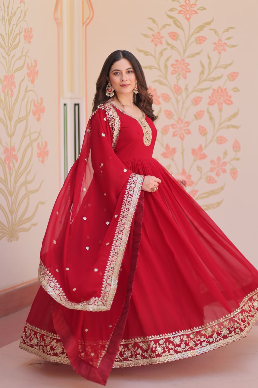 Jyoti Fashion Women's Maroon Faux Blooming Sequins & Zari Embroidered Anarkali Set With Dupatta | Swadesiicart