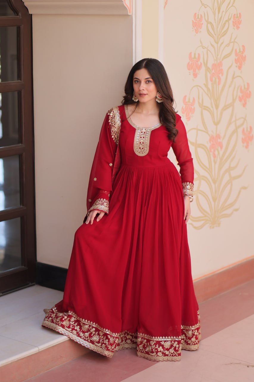 Jyoti Fashion Women's Maroon Faux Blooming Sequins & Zari Embroidered Anarkali Set With Dupatta | Swadesiicart