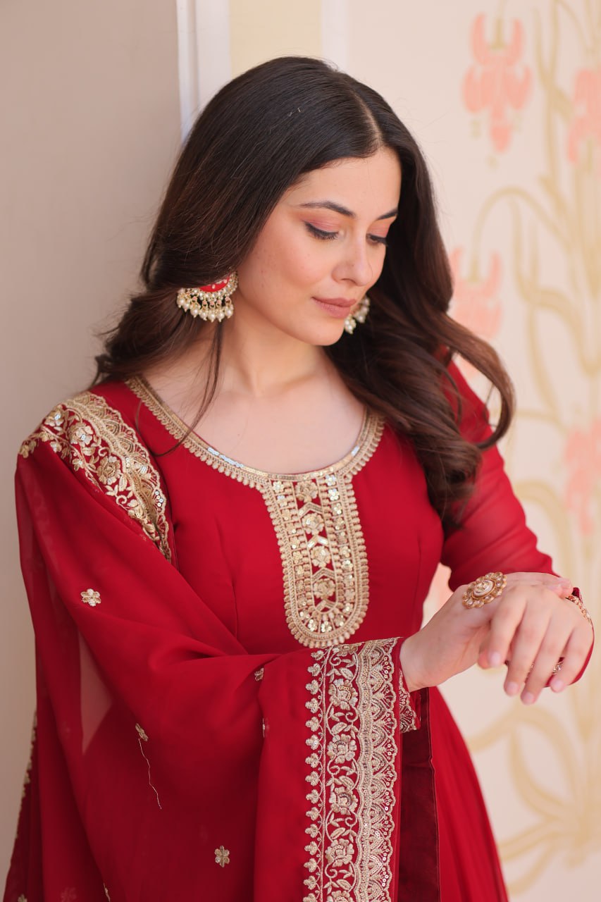Jyoti Fashion Women's Maroon Faux Blooming Sequins & Zari Embroidered Anarkali Set With Dupatta | Swadesiicart
