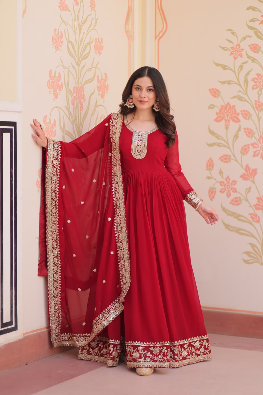 Jyoti Fashion Women's Maroon Faux Blooming Sequins & Zari Embroidered Anarkali Set With Dupatta | Swadesiicart