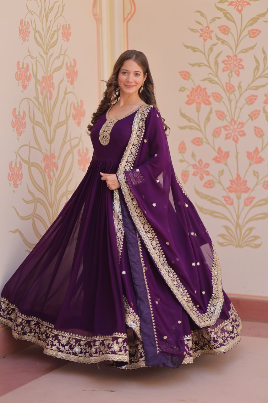 Jyoti Fashion Women's Purple Faux Blooming Sequins & Zari Embroidered Anarkali Set With Dupatta | Swadesiicart