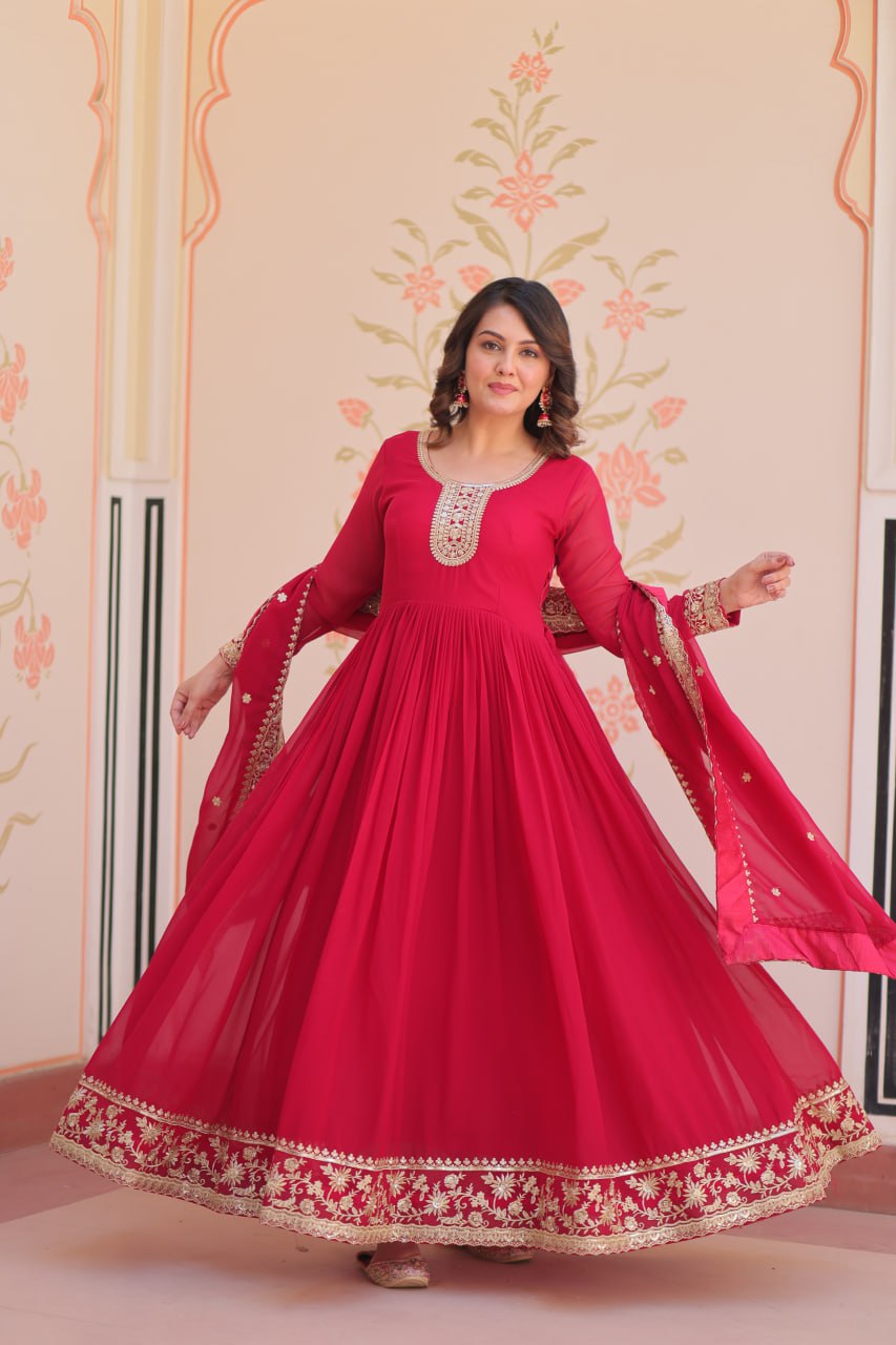 Jyoti Fashion Women's Rani Pink Faux Blooming Sequins & Zari Embroidered Anarkali Set With Dupatta | Swadesiicart
