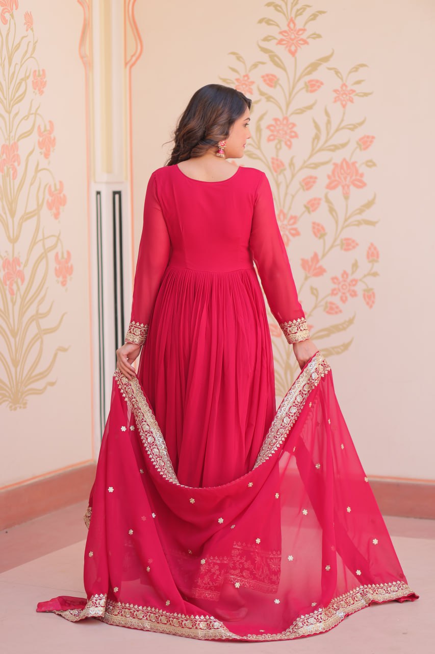 Jyoti Fashion Women's Rani Pink Faux Blooming Sequins & Zari Embroidered Anarkali Set With Dupatta | Swadesiicart