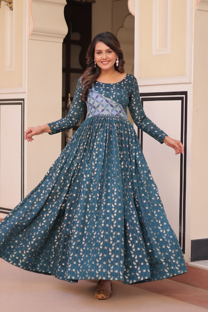 Jyoti Fashion Women's Teal Jacquard Weaving Long Designer Anarkali Set | Swadesiicart