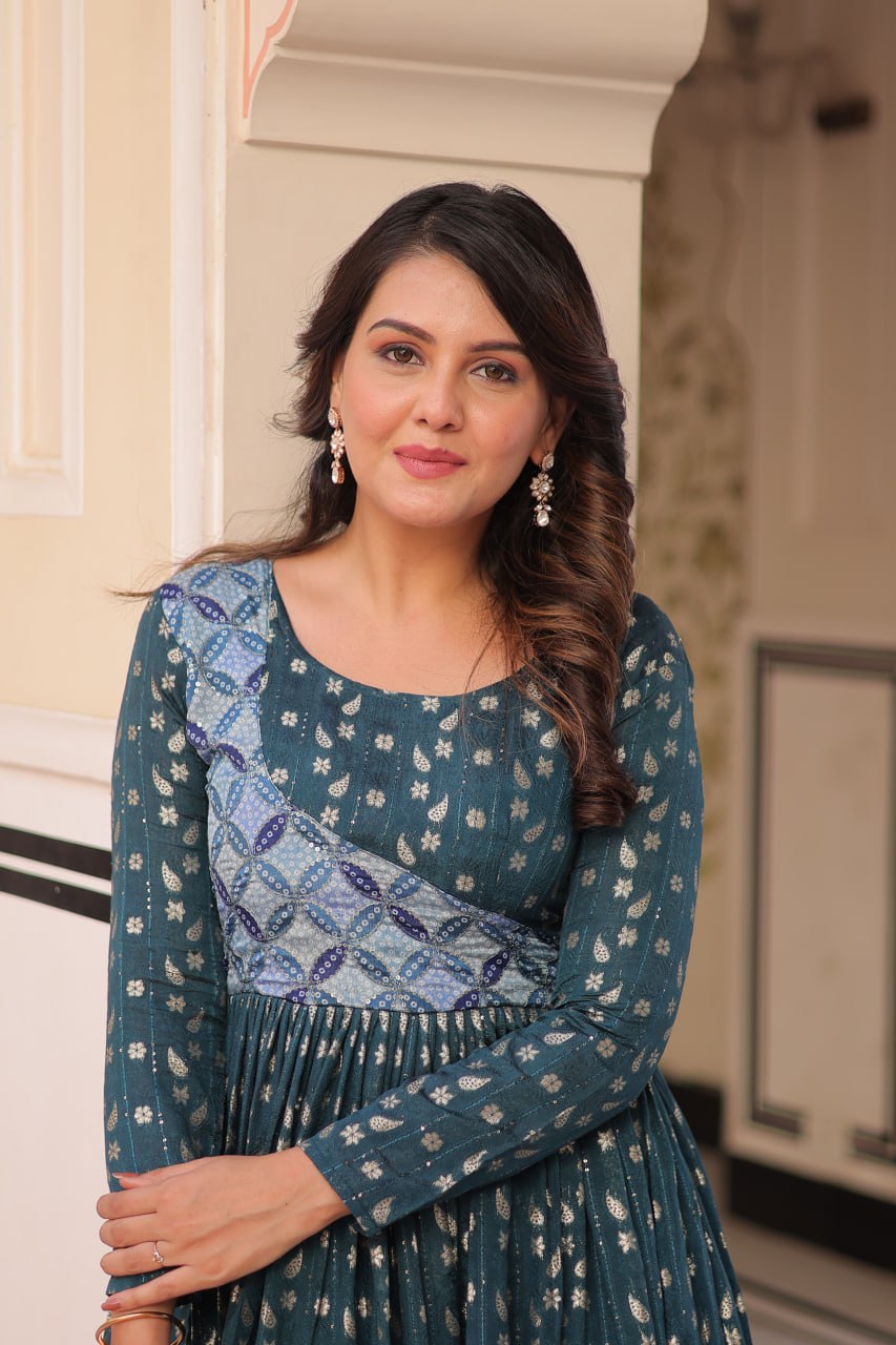 Jyoti Fashion Women's Teal Jacquard Weaving Long Designer Anarkali Set | Swadesiicart